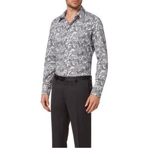 Coastal Men’s 100% cotton, Gray White Paisley Print Button-Up Long Sleeve